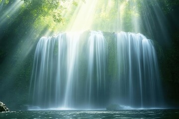 pristine cascading waterfall in ancient rainforest, ethereal mist, dappled sunlight through canopy, lush green vegetation