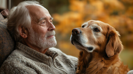 Elderly Caucasian man with golden retriever in autumn embrace