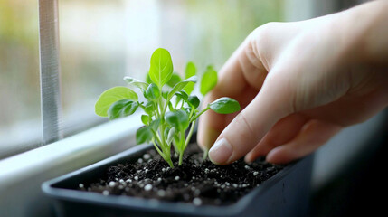 Careful hand placing a young plant into soil for optimal growth indoors by the window during daylight