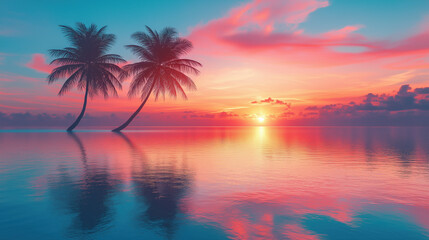 Tropical sunset over ocean with palm trees reflecting in calm colorful waters
