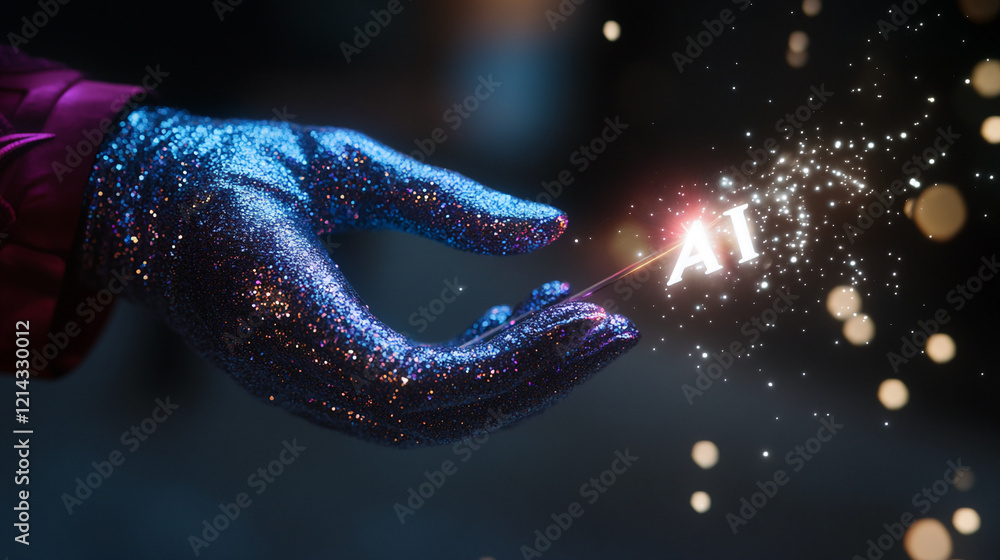 Poster ai magic spark created by hand with glowing effect and digital particles for futuristic technology c