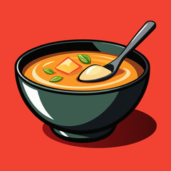 Delicious bowl of soup with spoon on vibrant red background