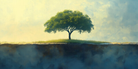 Obraz premium Solitary tree standing on a hilltop natural landscape digital art calm environment wide view symbol of resilience and hope