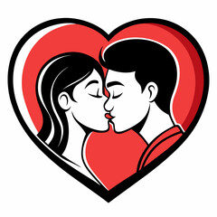 Couple shares a romantic kiss within a heart design