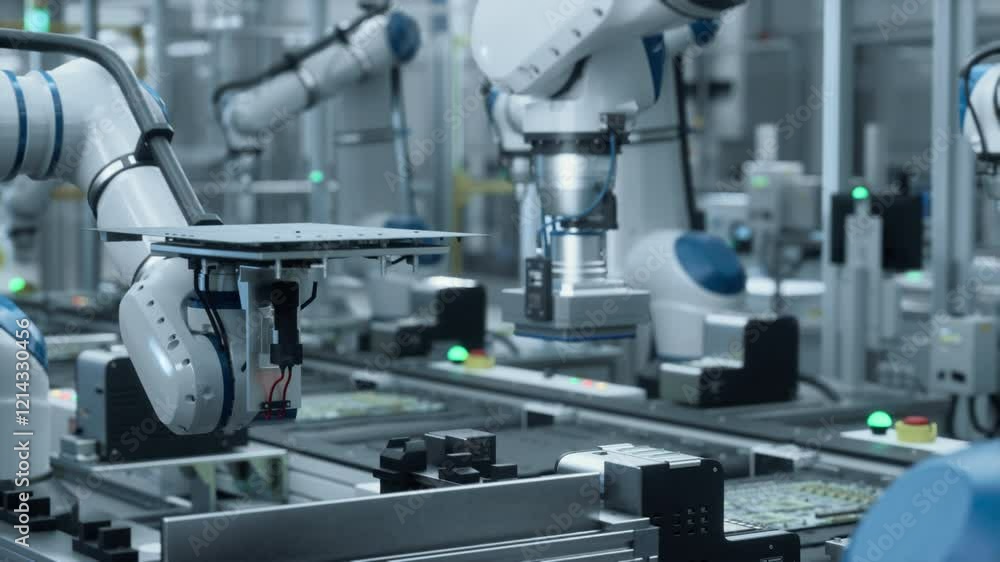 Poster robotic arms efficiently assemble electronic components on a factory conveyor, working with advanced