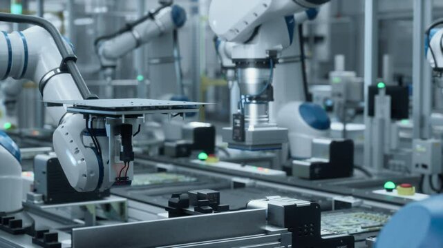 Robotic Arms Efficiently Assemble Electronic Components on a Factory Conveyor, Working with Advanced Automation in Electronics Manufacturing. Technological Microelectronics Fabrication Industry