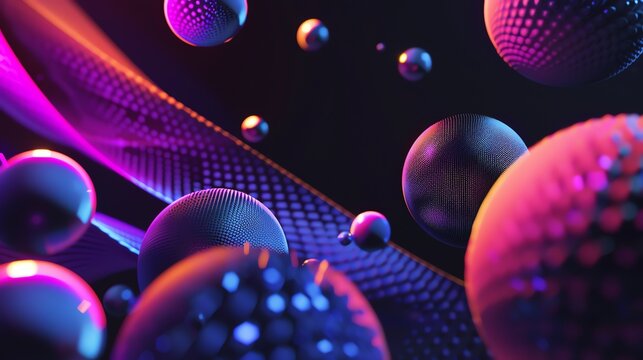 A collection of glowing spheres and a mesh plane in a dark background with a pink and blue color scheme.