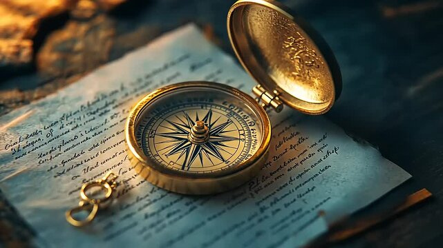 Antique brass compass resting on aged handwritten letter, evoking exploration and history.