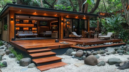Obraz premium Modern Wooden Cabin Nestled In Lush Tropical Foliage