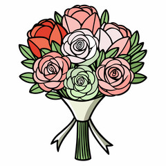 Elegant wedding bouquet design with colorful roses in a simple outline