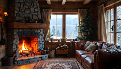 Interior of a cozy room in a country house in a rustic style, decorated with wood with a burning fireplace. Outside the windows is a snowy winter landscape. 