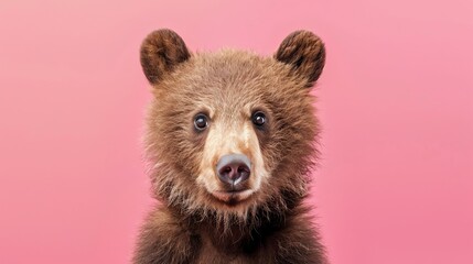 Fototapeta premium A close-up of a brown bear cub's face, looking directly at the camera against a pink background.