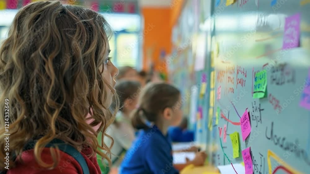 Poster this girl studies a wall filled with colorful notes while classmates work in the background.