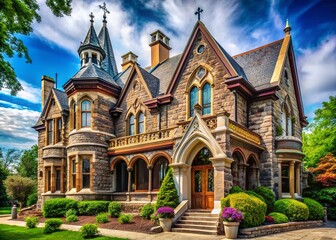 Gothic Revival Home Architecture: Stone & Wood Pointed Arches, Victorian Grandeur