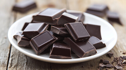 Delicious dark chocolate pieces arranged on a white plate sitting on a rustic wooden table