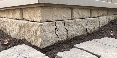Cracked stone foundation near a home in the garden