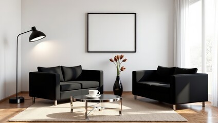 A chic ensemble of black leather sofas rests elegantly against a warm light brown hardwood floor. A sleek, round glass coffee table sits invitingly before them, perfect for cozy gatherings or solitary