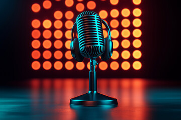 retro microphone with headphones stands prominently against vibrant backdrop of glowing lights, creating dynamic atmosphere perfect for music or broadcasting