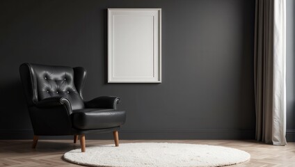 A sleek black leather tufted wingback chair sits elegantly against a dark gray backdrop, its rich texture inviting touch. The eye-level shot captures the intricacy of the tufted backrest as it gracefu