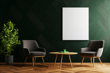 modern living room featuring two gray chairs, round wooden table, and blank canvas on dark green wall. space is enhanced by potted plant, creating cozy atmosphere