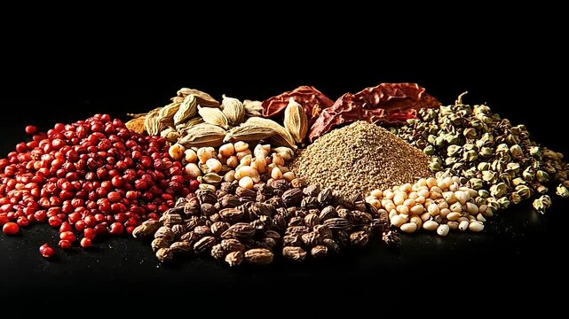 An assortment of colorful spices, including cardamom, peppercorns, and chilies, against a black background.