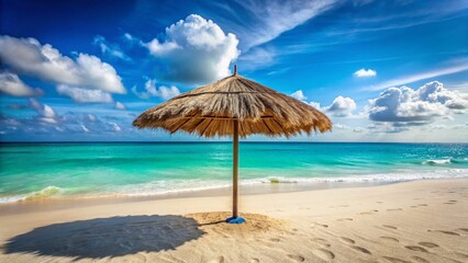 Gray Straw Beach Umbrella on Exotic Beach, Ocean View, Travel Tourism Concept