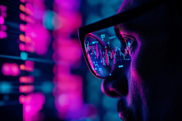 person analyzing financial data through glasses, with vibrant digital graphs reflecting in lenses, showcasing modern and tech savvy environment