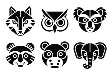 Minimalist Black Silhouette Animal Face Vector Icons - Wolf, Owl, Koala, Raccoon, Hippo, Baby Elephant - World Wildlife Day Designs