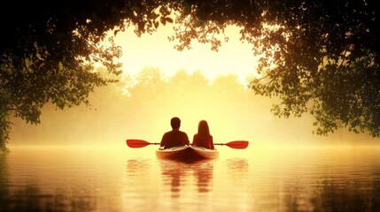 A serene scene of a couple kayaking at sunset, surrounded by lush greenery and reflected golden light on calm waters.