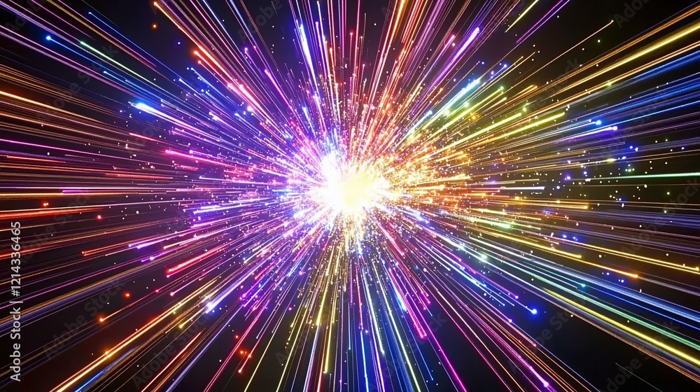 Poster colorful light rays exploding from a central point in the dark.