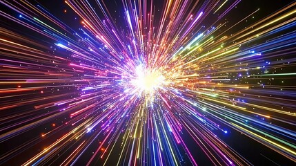 Naklejka premium Colorful light rays exploding from a central point in the dark.