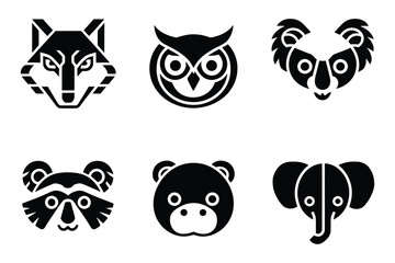 Minimalist Black Silhouette Animal Face Vector Icons - Wolf, Owl, Koala, Raccoon, Hippo, Baby Elephant - World Wildlife Day Designs