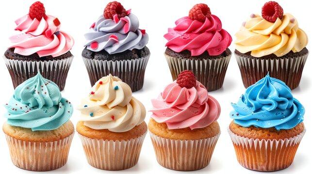 A collection of colorful cupcakes with different toppings.