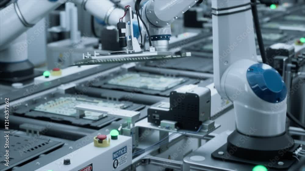 Poster industrial robots producing circuit boards on a conveyor belt, implementing microchips and semicondu