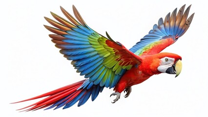 Fototapeta premium Green Wing Macaw Parrot in Flight, Isolated on White Background - Vivid Colors, High Resolution Stock Photo