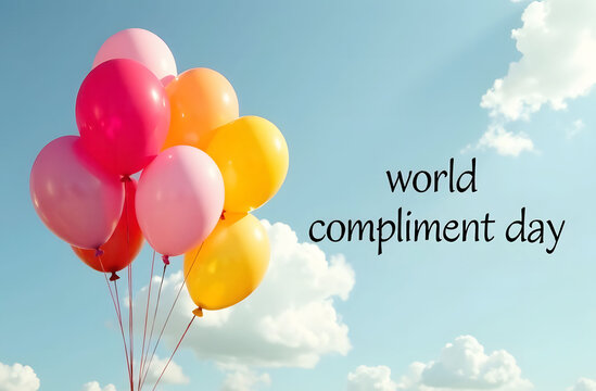 Colorful Balloons for World Compliment Day. Colorful balloons against a blue sky with soft clouds celebrate "world compliment day". 