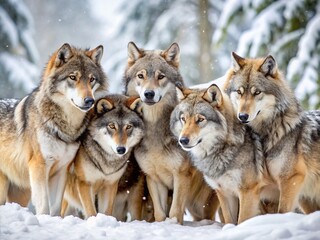 Naklejka premium Grey Wolves Pack Winter Gathering, Sniffing, Wagging Tails - Stock Photo