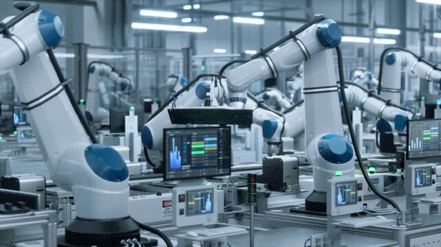Robotic Arms Automate Circuit Board Assembly Inside a Smart IoT Factory. Factory Floor with Automatic Conveyor is Powered by an Artificial Intelligence Software Without Human Help and Assistance