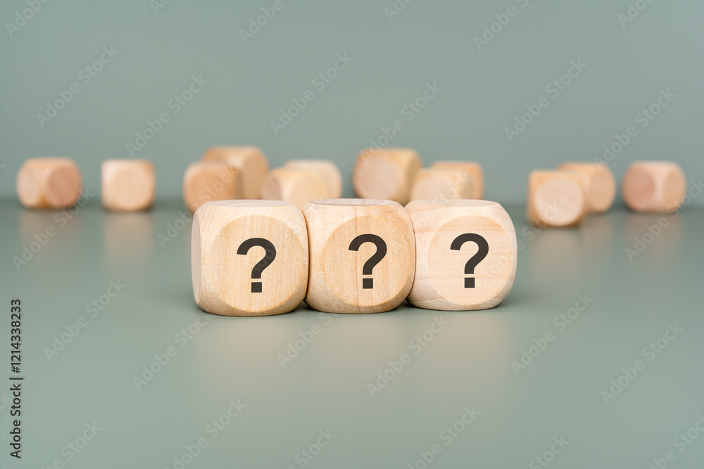 Poster row of three wooden blocks question marks on viewed angle on a white background