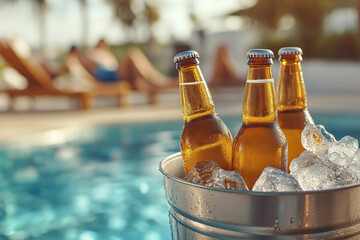 Ice bucket with beer bottles against swimming pool background