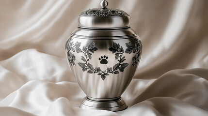 Pet memorial urn with paw design on satin fabric background