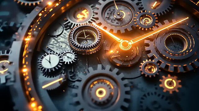 Intricate Glowing Mechanical Clockwork Gears and Hands