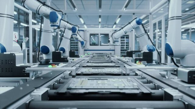 Automated Robotic Arms Assembling Circuit Boards on a Conveyor. Microelectronics Manufacturing in a Modern Facility. High-Tech Technology Production in a Futuristic Industrial Environment. Zoom Out