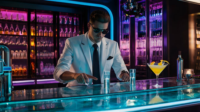 A futuristic cocktail bar with drinks served by robotic bartenders

