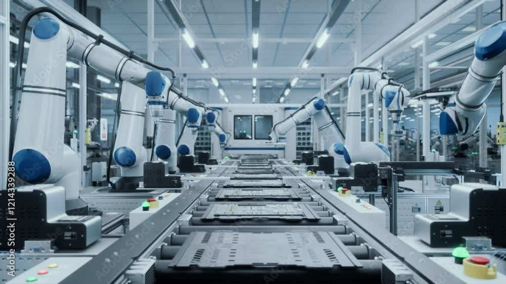 Poster autonomous electronics industry 4.0 factory with precision robotic arms at work. facility operating 