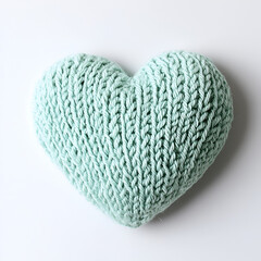 A hand-knitted, light green heart-shaped cushion. Perfect for adding a touch of warmth and handmade charm to any space.