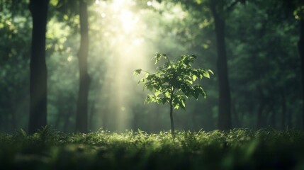 Obraz premium Young tree sapling in sunlit forest.