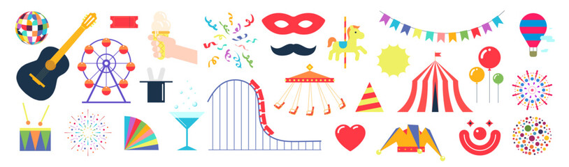 Modern bold geometric amusement holiday festive elements. Carnival and funfair symbol designs for advertisement print. Featuring circus tent, carousels, clown and guitar. Perfect for event promotion © Azat Valeev