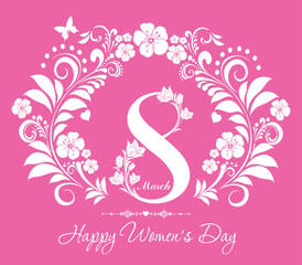 8 March. Holiday Greeting Card. Celebration pink background with  flowers,  butterfly and place for your text. Vector Illustration