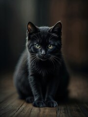 The image shows a black cat sitting on a wooden floor. The cat has bright green eyes and is looking directly at the camera. Made with AI